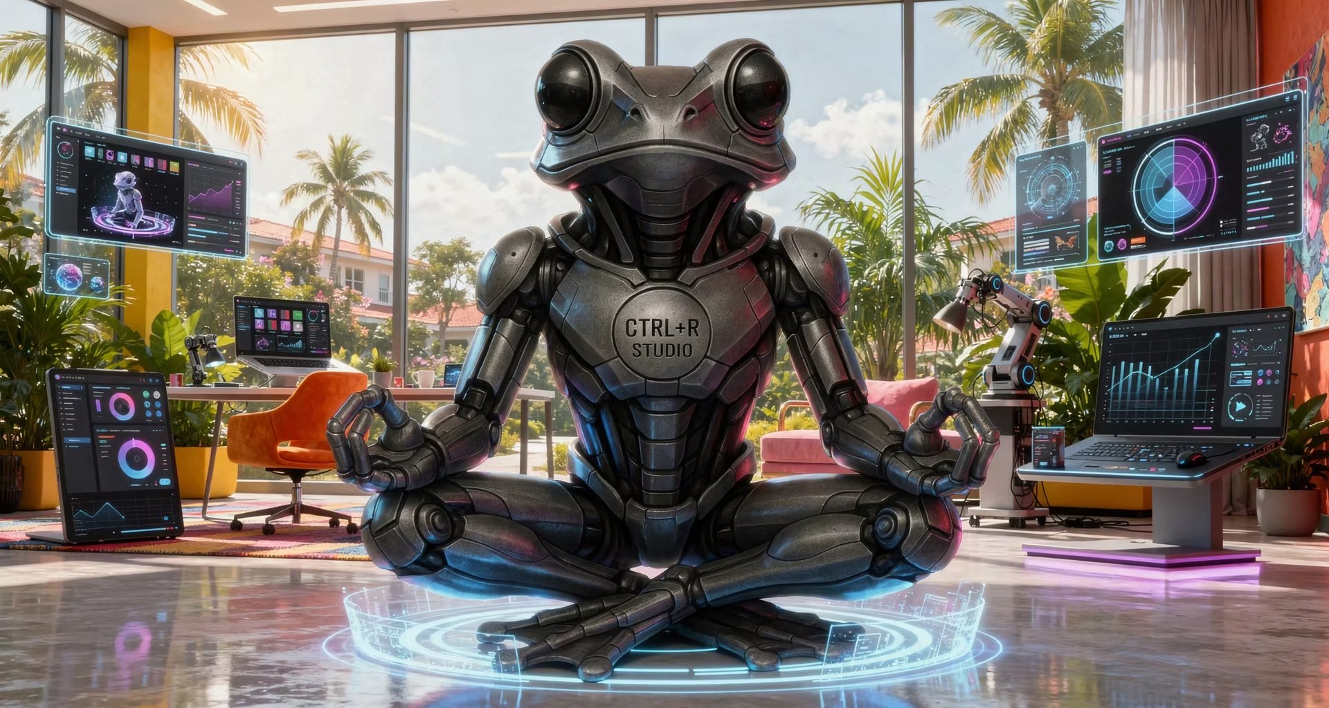 CTRL+R Studio robot Coqui meditating in a sunlit office surrounded by data dashboards