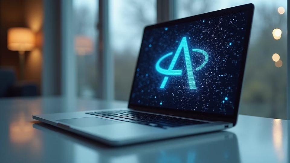 Laptop screen glowing with an abstract AI logo in a dim room
