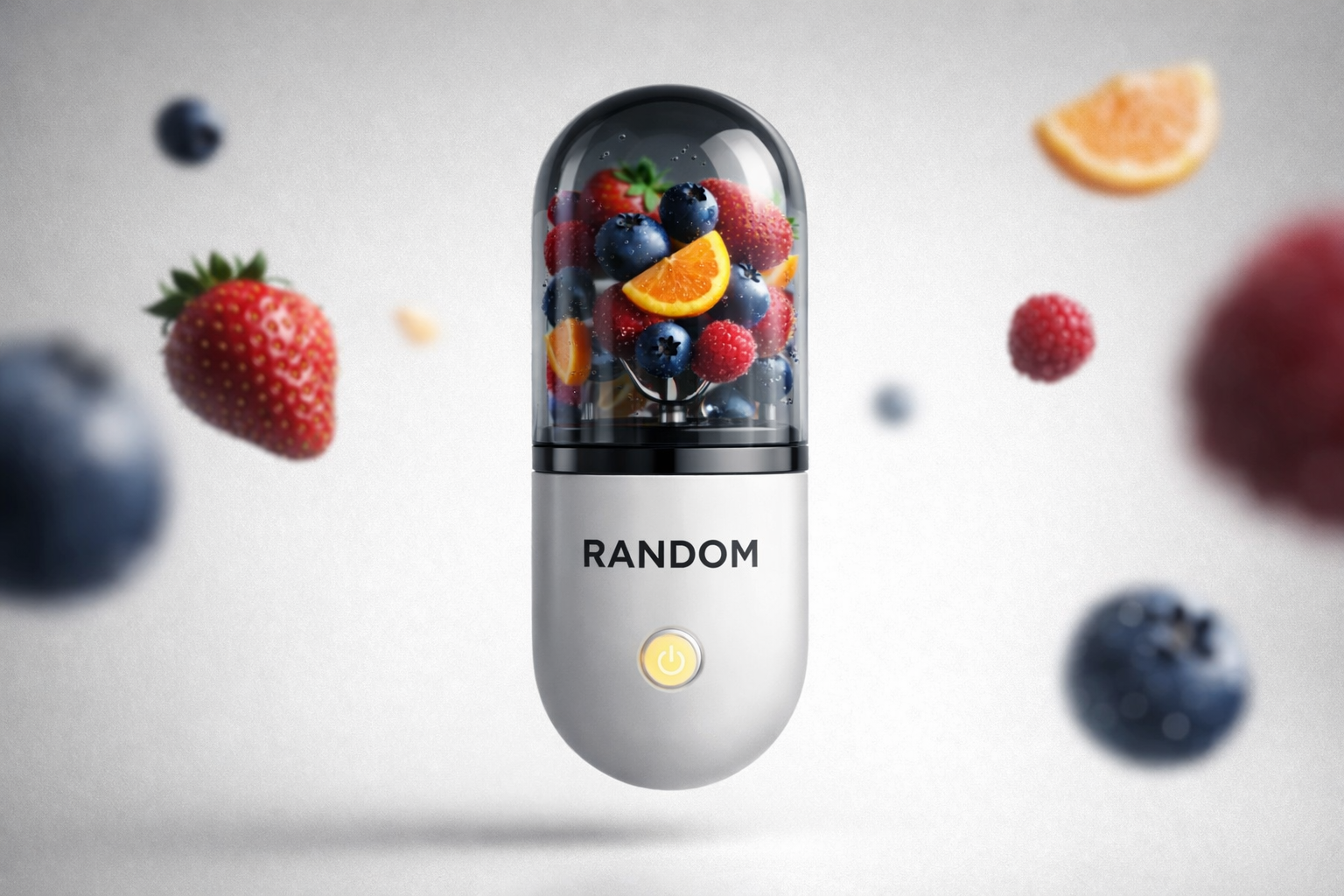 AI-generated 3D render of a pill-shaped RANDOM blender with fruit inside