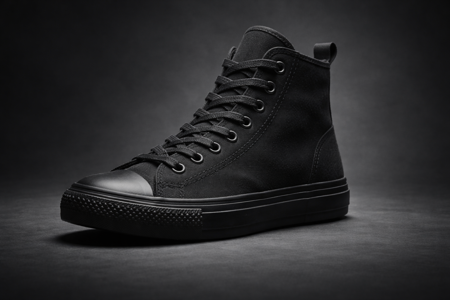 Black high-top sneaker product photo, starting still frame