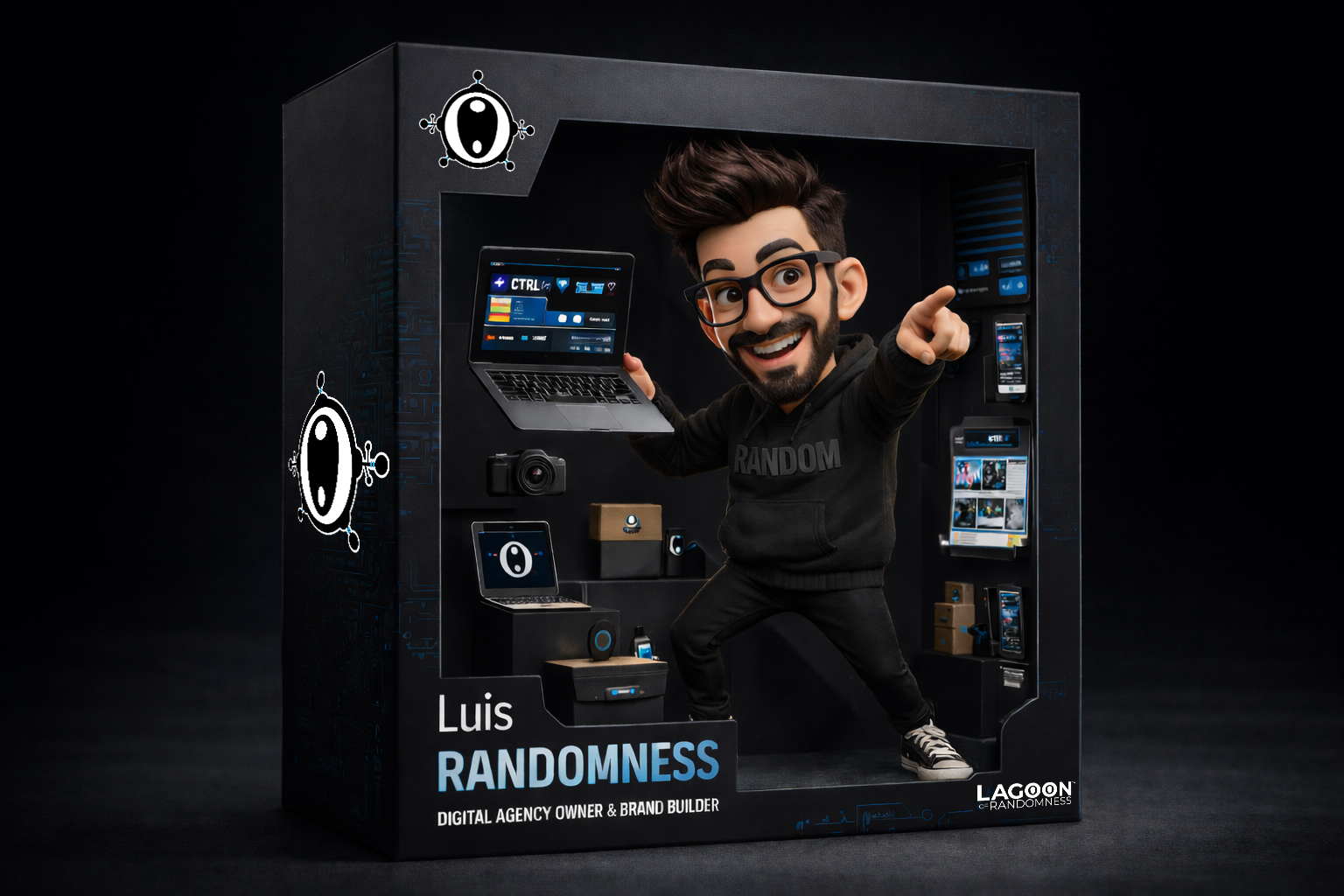 Raw AI-generated action-figure box render of Luis Randomness