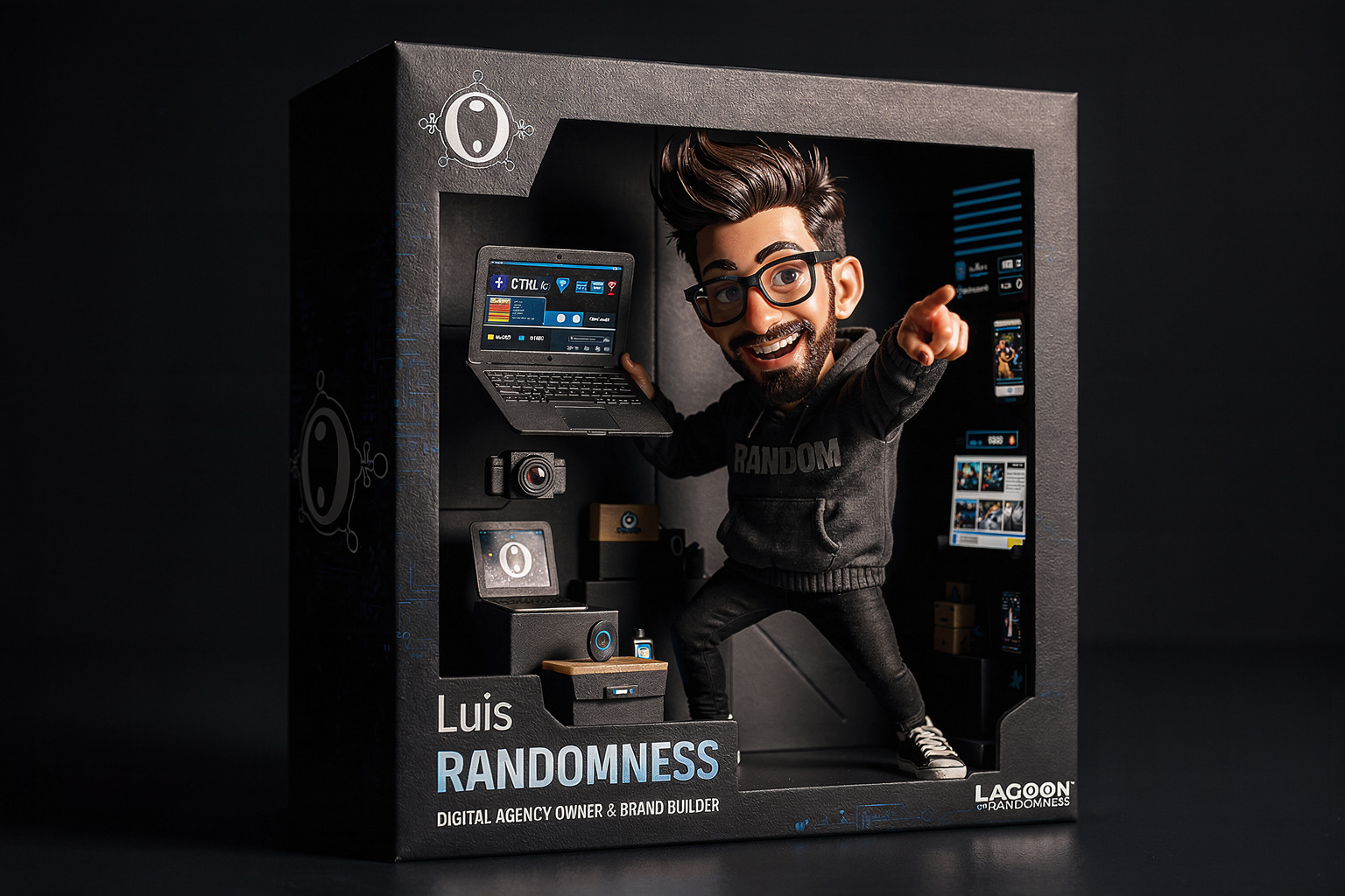 Photoshop-refined action-figure box render of Luis Randomness