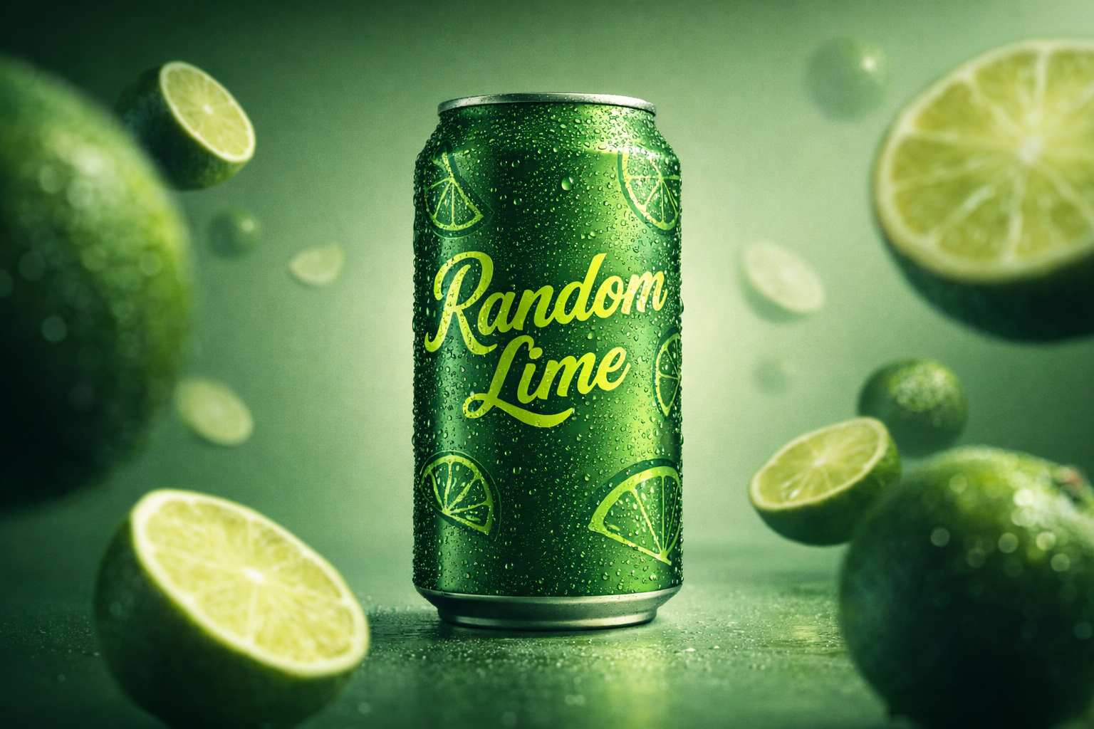 AI-generated 3D render of a Random Lime soda can surrounded by floating limes