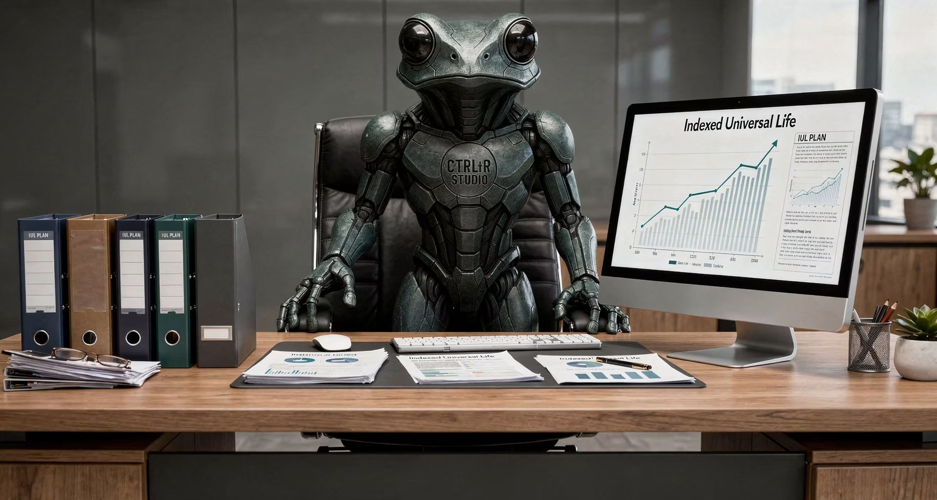CTRL+R Studio robot Coqui at an office desk reviewing an Indexed Universal Life growth chart