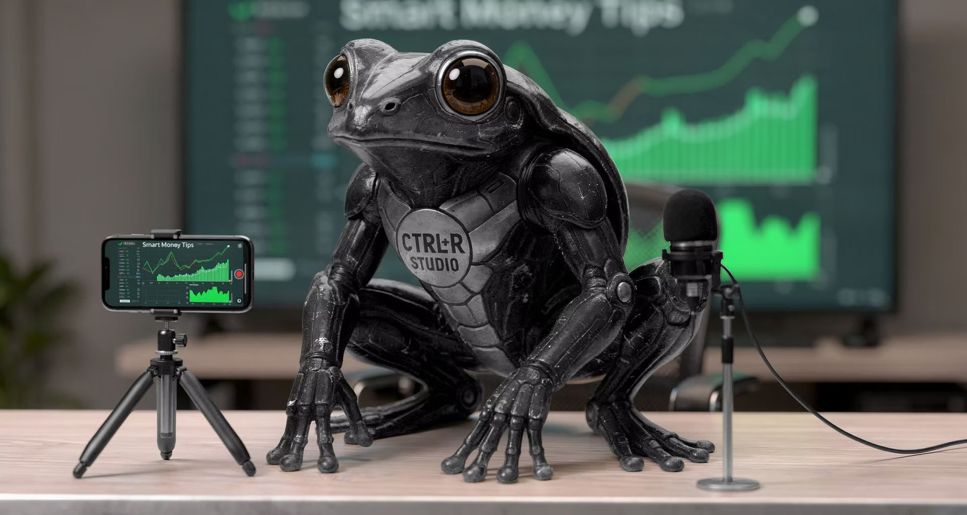 CTRL+R Studio robot Coqui recording a Smart Money Tips segment surrounded by financial charts