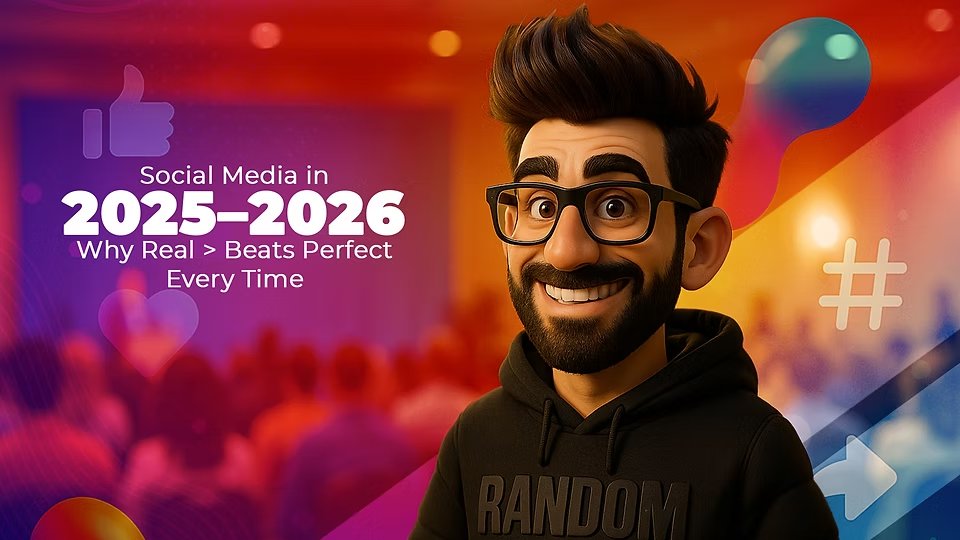 Luis Randomness character illustration with a headline about social media strategy for 2025-2026