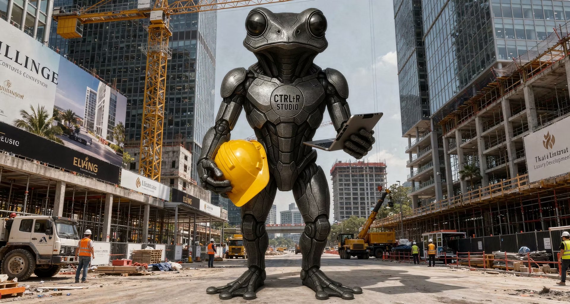 CTRL+R Studio robot Coqui on a construction site holding a hard hat and tablet