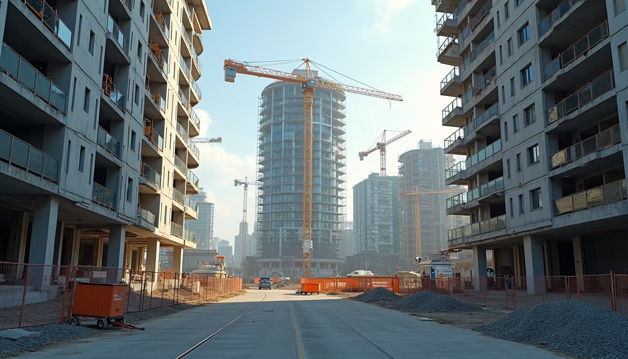 High-rise towers under construction with tower cranes against a clear sky