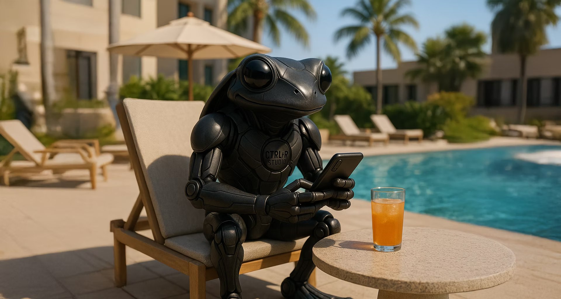 Luis Randomness character relaxing poolside, checking phone with a CTRL+R Studio-branded robot companion