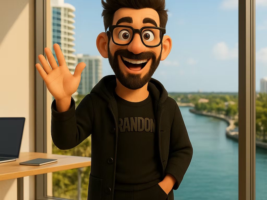 Luis Randomness character waving in front of a Fort Lauderdale waterway view