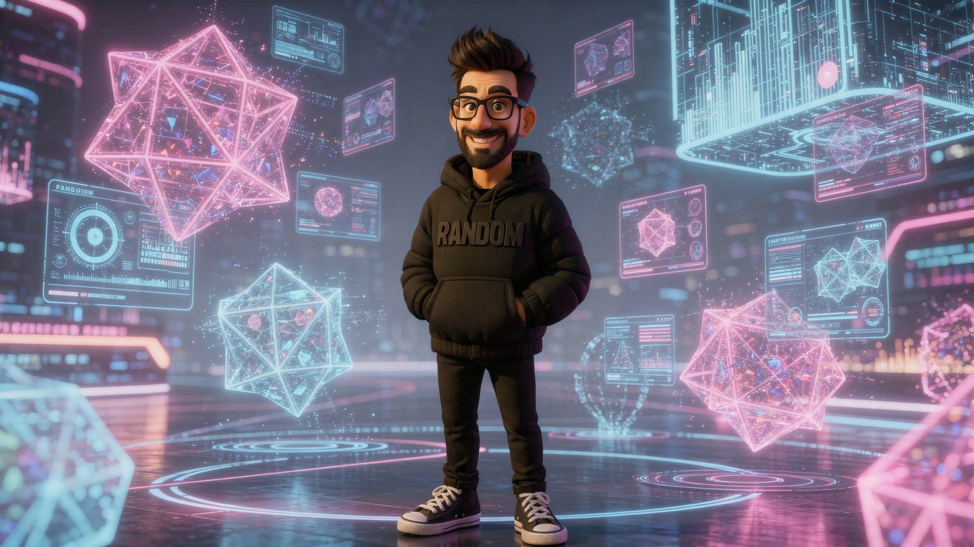 Luis Randomness character surrounded by floating AI dashboards and geometric data shapes