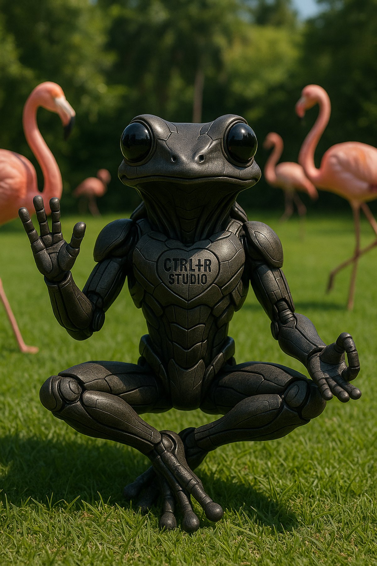 The Coquí meditating on a lawn surrounded by flamingos