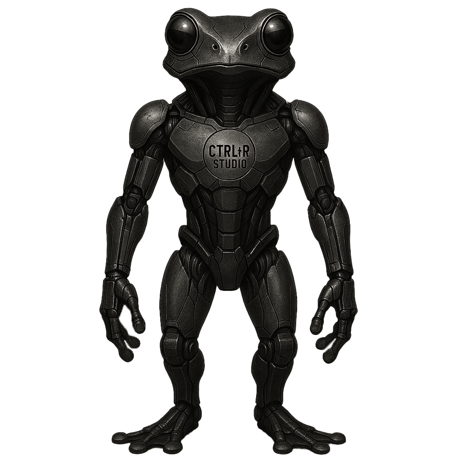 The Coquí — front view, matte-black biomechanical armor with CTRL+R Studio chest medallion